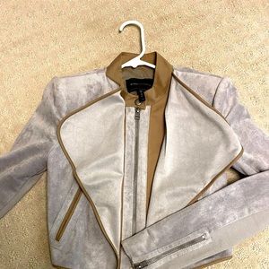 Bcbg maxazria beige Moto jacket multi fabric ,suede , twill and knit . Xs